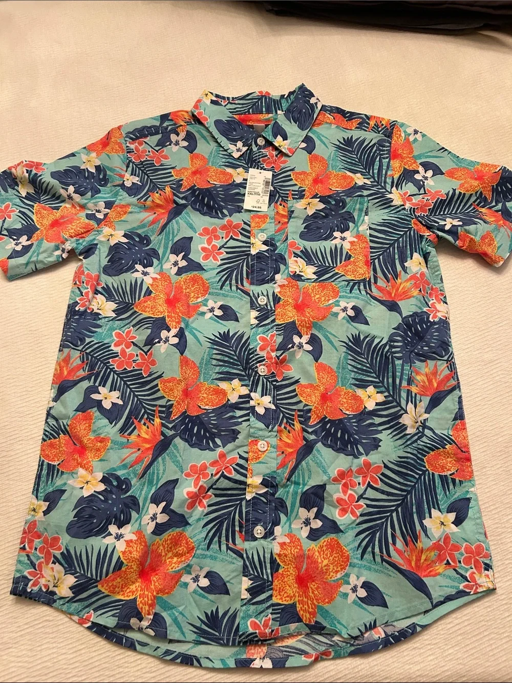 Kid’s Size 16 (XXL)Tropical Floral Button-Up Shirt - Teal & Orange
